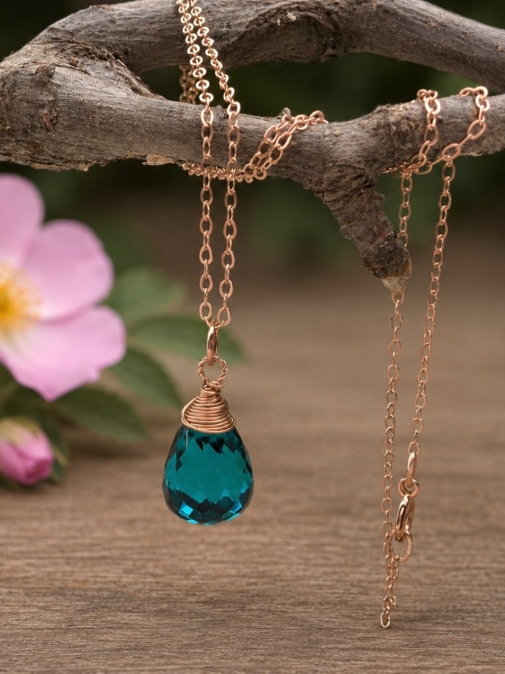 New Indicolite Tourmaline Necklace 8.5 Carat Teal Blue 14K Rose Gold Filled